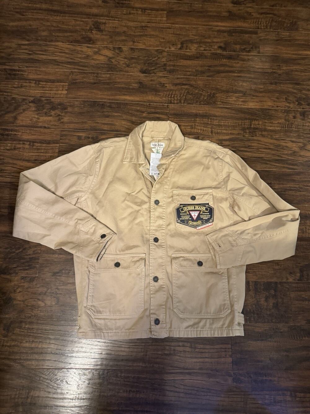 Guess Jeans Men's Denim Field Jacket Safari Tan Zipper Button Closure Size L NWT